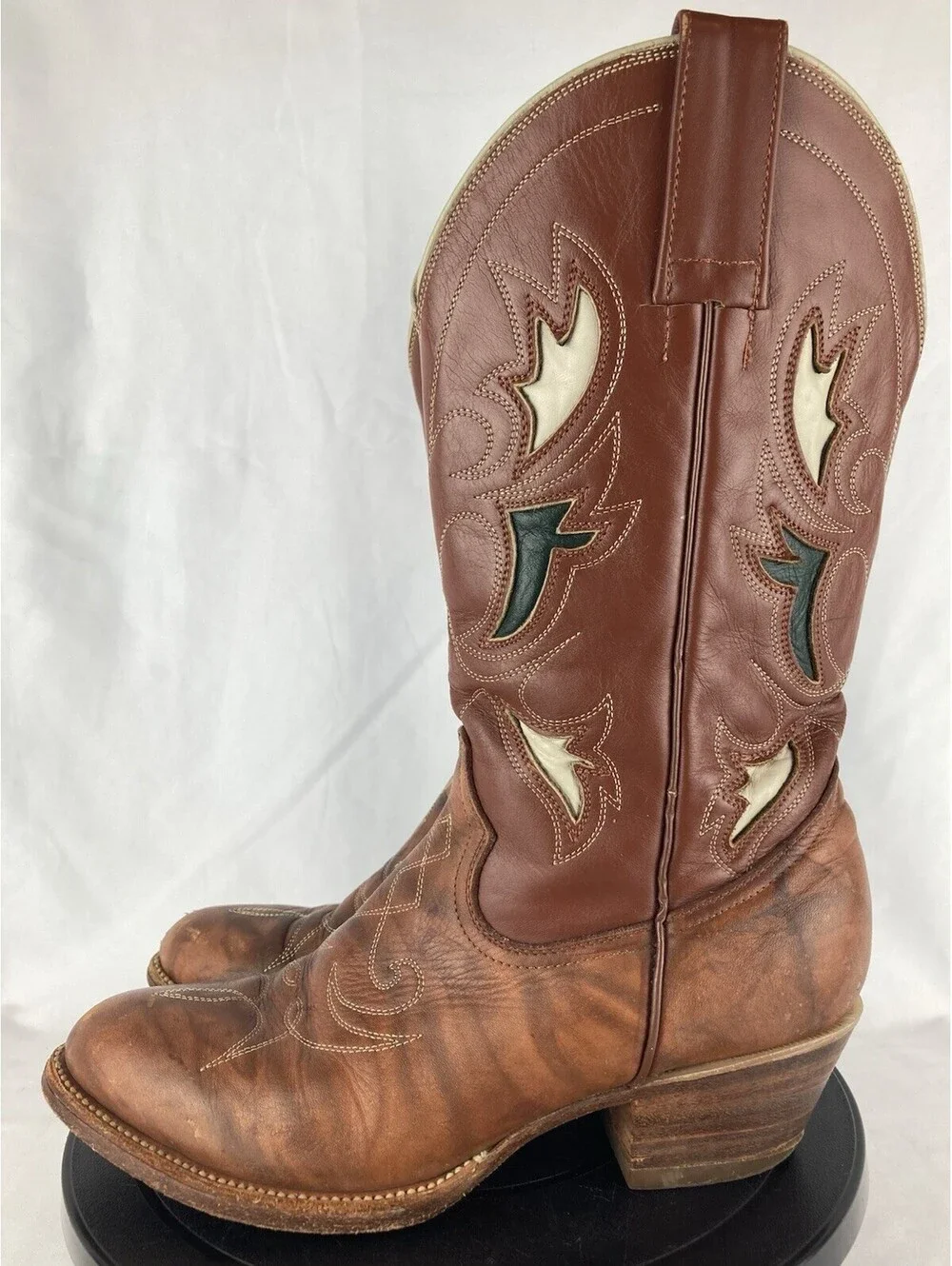 Women’s 8.5 Rancho Loco Vintage Brown Leather Cowboy Boots Inlay Stitched Mexico